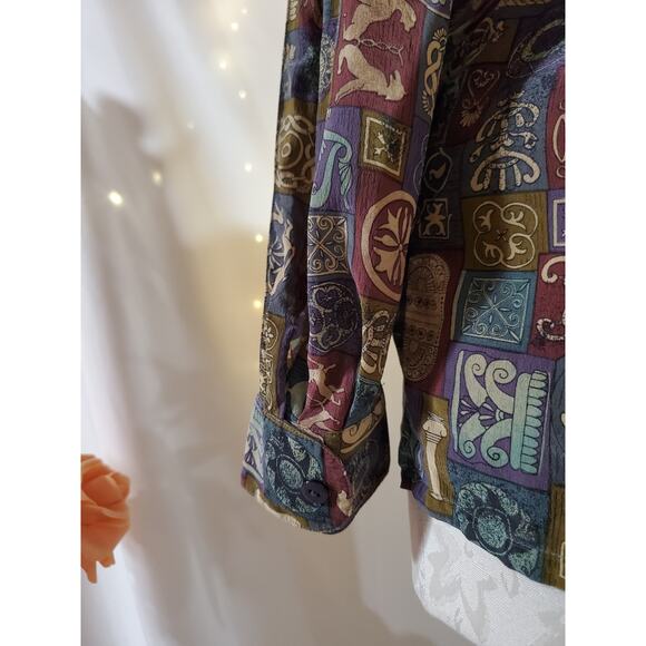 Silks VTG 80s 90s Egyptian Hieroglyph Long Sleeve Mock Blouse Womens Size M Top - Picture 5 of 13